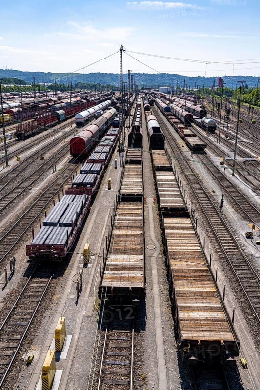 The Hagen-Vorhalle marshalling yard, one of the 9 largest in Germany, is located on the Wuppertal-Dortmund railway line and has 40 directional tracks on which goods trains are assembled, wagons with steel slabs, North Rhine-Westphalia, Germany, Europe