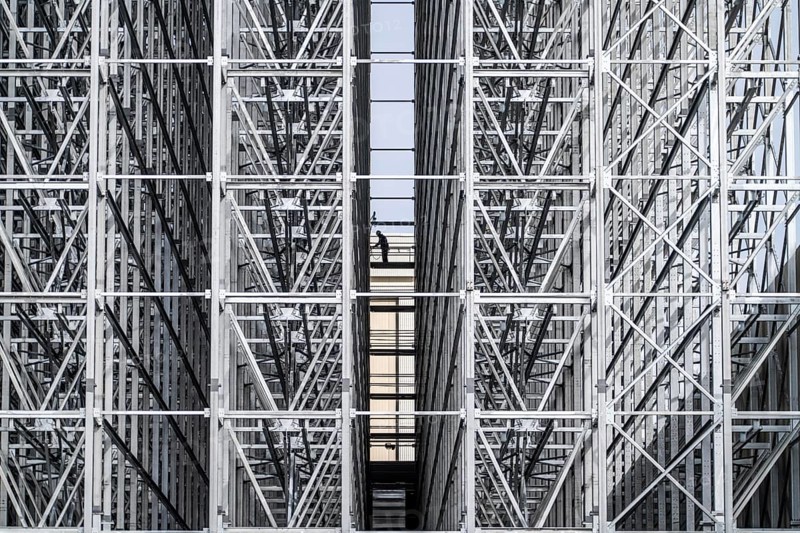 Construction of a high-bay warehouse, storage system for high space utilisation, in steel construction, North Rhine-Westphalia, Germany, Europe