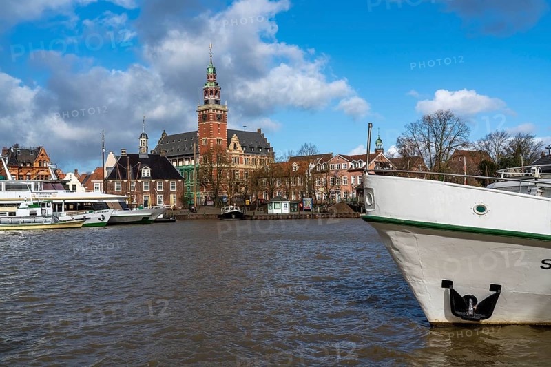 Skyline of the old town, on the Leda, town hall, museum harbour, old town houses, Leer, East Frisia, Lower Saxony