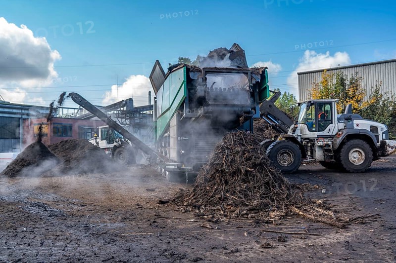 Composting plant, organic waste is composted, sorted by size, smaller parts are reused as compost, coarser parts are burnt in a biomass power plant and converted into electricity, Coesfeld, North Rhine-Westphalia, Germany, Europe