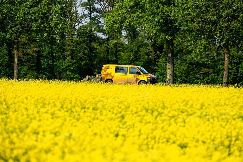 Landscape on the Lower Rhine, post van, postman by VW bus on the B57 federal road, between Xanten and Kalkar, road traffic, North Rhine-Westphalia, Germany, Europe