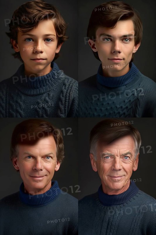 Age progression of a hansome young man through his older years of life, generative AI, AI generated