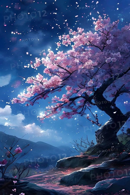 Sakura tree blossoming with pink petals and branches reaching towards a star studded night sky, AI generated