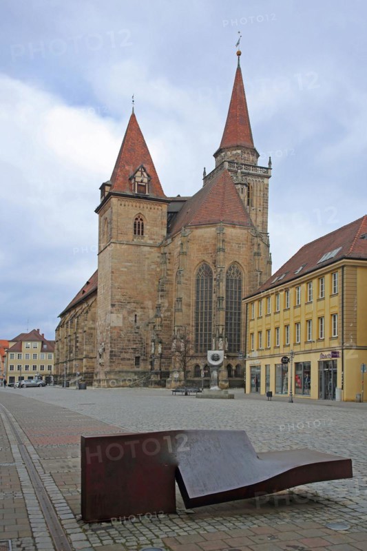 Sculpture Horizontal Development by Thomas Röthel 2004 and Martin-Luther-Platz with St. Johannis Church, iron, bent, rusty, crack, gap, Ansbach, Middle Franconia, Franconia, Bavaria, Germany, Europe