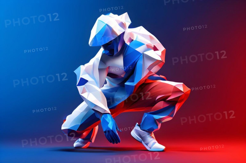 Olympic breakdancer transformed into fluid abstract shapes french tricolor blue white red, AI generated