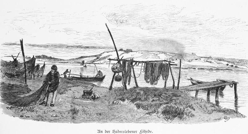 Hadersleben Fjord, Jutland, Denmark, landscape, water, jetty, fishing nets, drying, fisherman, boat, Hadersleben, moraines, historical illustration 1880, Europe