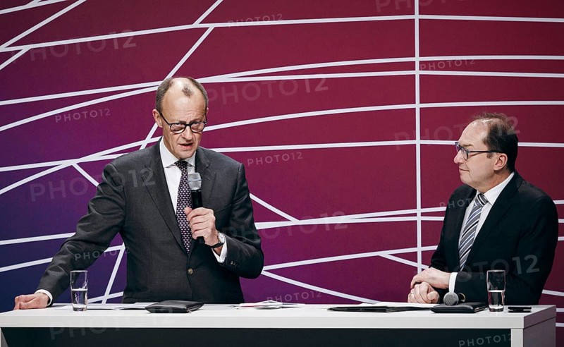 Friedrich Merz, Chairman of the CDU/CSU parliamentary group in the German Bundestag and Alexander Dobrindt, First Deputy Chairman of the CDU/CSU parliamentary group in the German Bundestag recorded at the event, Wir hören zu | Gipfel der CDU/CSU-Fraktion I Wirtschaftswende für Deutschland at the German Bundestag in Berlin, 1 February 2024