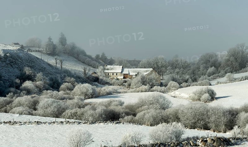 Aubrac plateau. Farm in winter. Lozere department. Occitanie. France