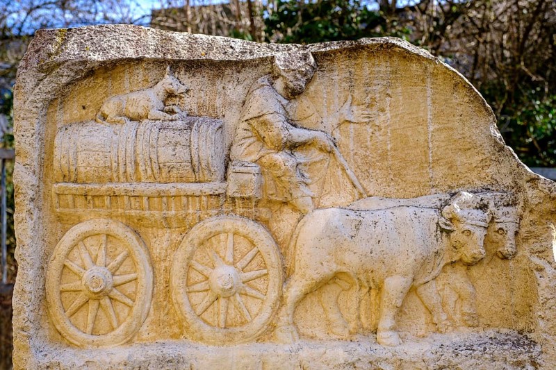 Roman half relief, ox cart with wine barrels, at the Afrawald, Roman Augsburg, Augsburg, Swabia, Bavaria, Germany, Europe