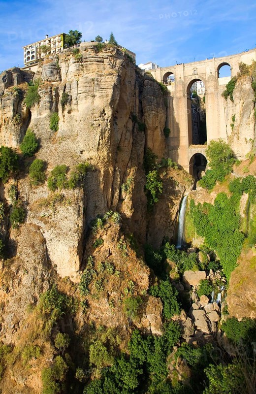 Historic New Bridge, Puente nuevo, spanning the El Tajo gorge over the Rio Guadalevín river, Ronda, Spain, Europe