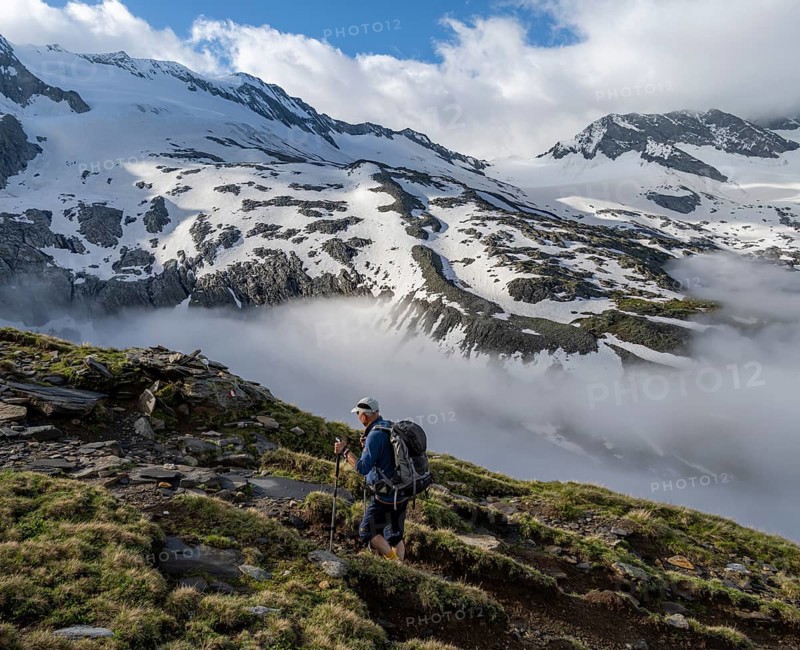 Mountaineers on a hiking trail, high fog in the valley, glaciated mountains with Furtschaglkees above the clouds, Berliner Höhenweg, Zillertal Alps, Tyrol, Austria, Europe