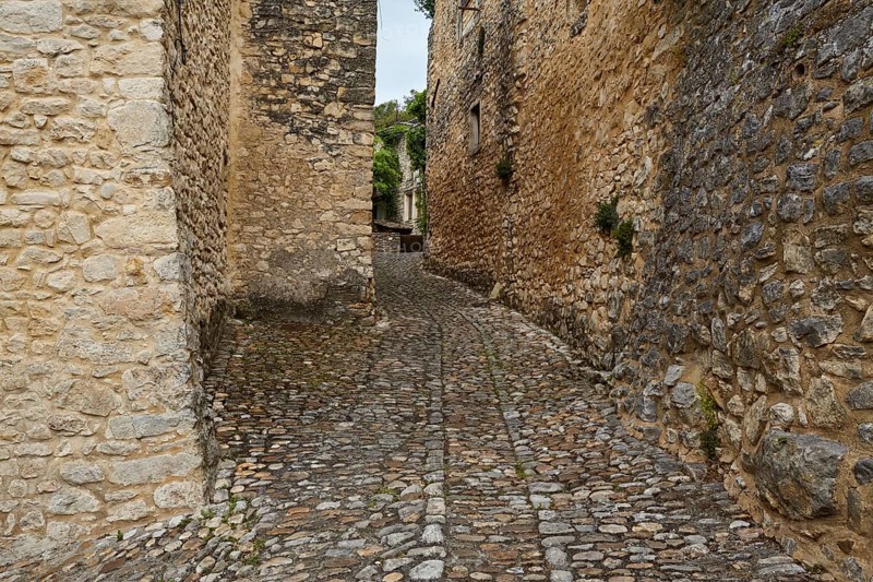 Natural stone walls and paths in La Roque-sur-Cèze, Département Gard, Occitanie region, France, Europe