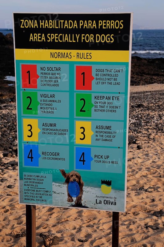 Notice sign of beach rules for area specially for dogs, Corralejo, Fuerteventura, Canary Islands, Spain, Europe