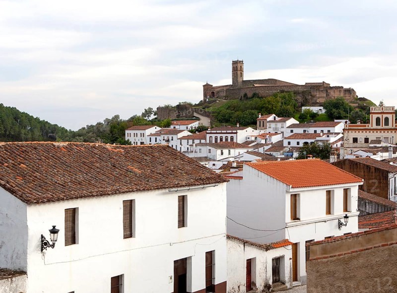 Tower and Moorish mosque above the village of Almonaster La Real, Sierra de Aracena, Huelva province, Spain, Europe