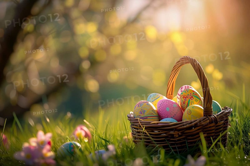 Painted Easter eggs nestled in a basket, surrounded by the lush greenery of spring and bathed in warm sunlight in forest park on grass. The festive spirit of Easter and the joy of nature, AI generated