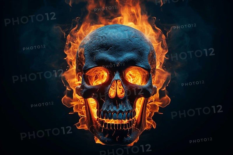 Spooky and scary burning skull on a dark background. Perfect for Halloween or horror-themed projects, AI generated