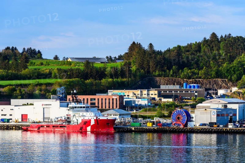 Ocean Osprey Offshore Supply Ship in Industrial Zone over FjordSailing, Stavanger, Boknafjorden, Norway, Europe