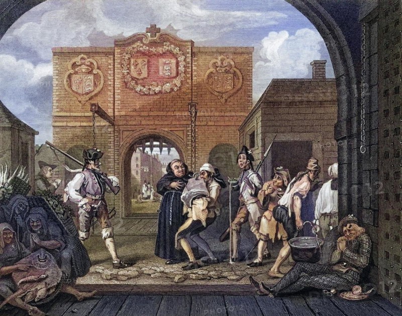 Gate of Calais O The Roast Beef of Old Engalnd From the original picture by Hogarth from The Works of Hogarth published London 1833, Historisch, digital restaurierte Reproduktion von einer Vorlage aus dem 19. Jahrhundert, Record date not stated