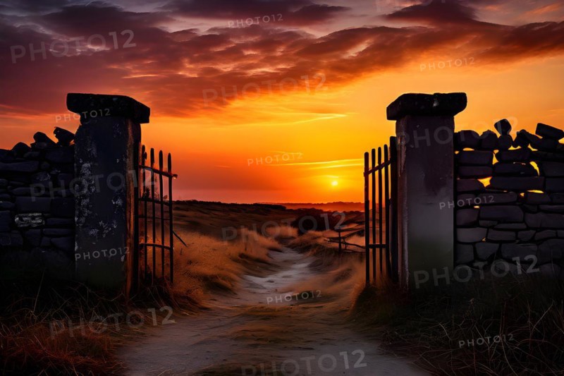 Ruins of a boundary wall standing isolated gates forever open, AI generated