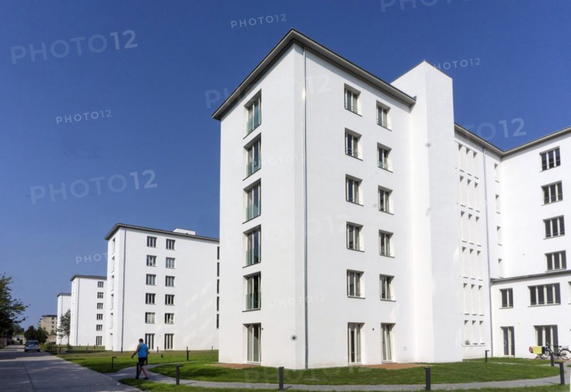 The picture shows the flats in Prora that have been converted into luxury holiday flats. The four-kilometre-long seaside resort of Prora on the island of Rügen, which was built by the National Socialists, was intended to be a holiday resort for 20, 000 people directly on the Baltic Sea. Under the name Neues Prora, luxury holiday flats are now being built in the listed complex right by the sea, 13.09.2016