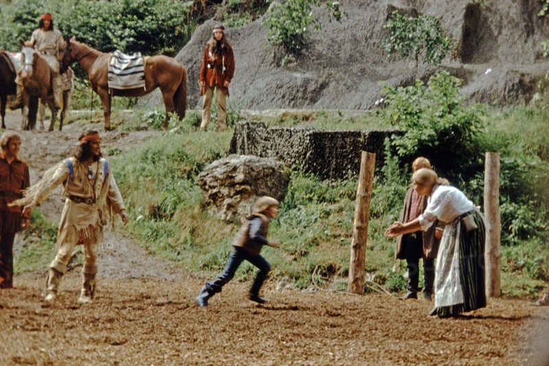 Pierre Brice as Winnetou and other actors in The Treasure in Silver Lake, Karl May Festival, open-air theatre Elspe, Sauerland, North Rhine-Westphalia, Germany, June 1982, vintage, retro, old, historical, Europe