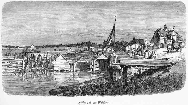 On the Vistula or Wisla, Poland, Bottshäuser, village, footbridge, bank, building, historical illustration 1880, Europe