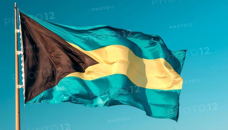 The flag of the Bahamas flutters in the wind, isolated against a blue sky