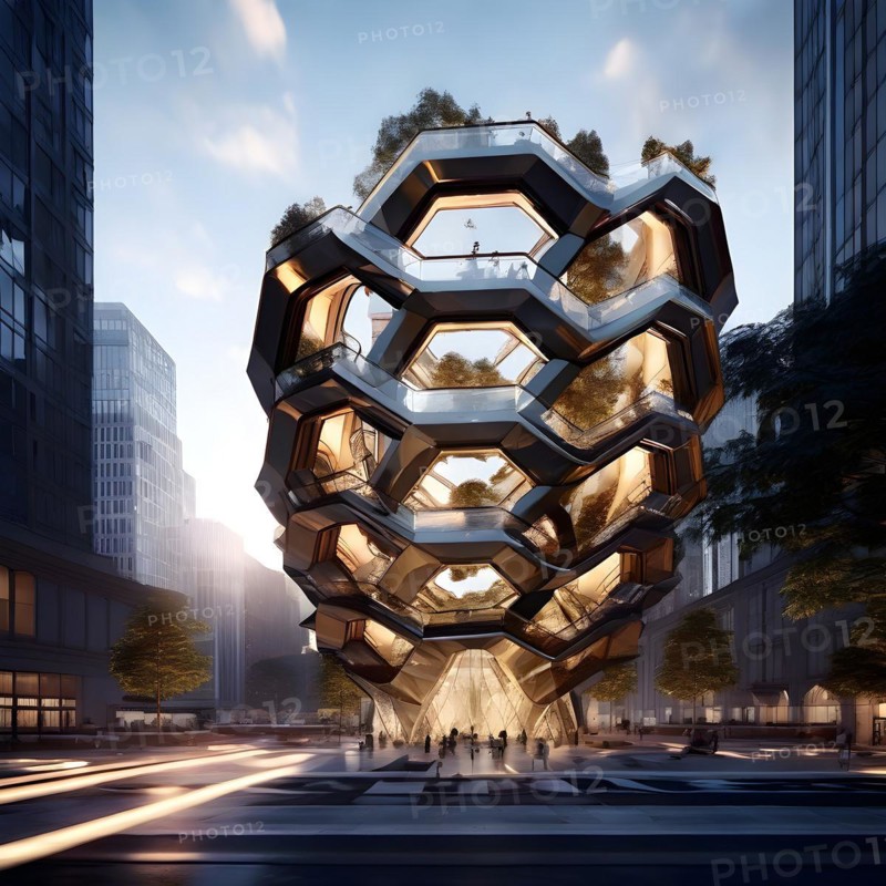 KI generated architectural structure melding computer aided design illustrations with genuine photoelements, AI generated