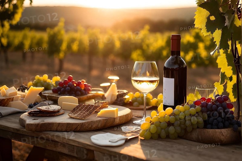 AI generated wine tasting table setup with wine and vine grapes nestled subtly amidst a thriving vineyard bathed in golden hour light