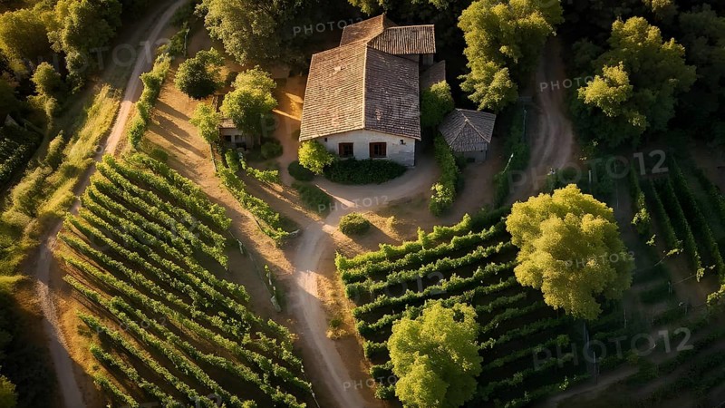 AI generated aerial view of a rustic vineyard cottage nestled amidst lush summer colored vine leaves