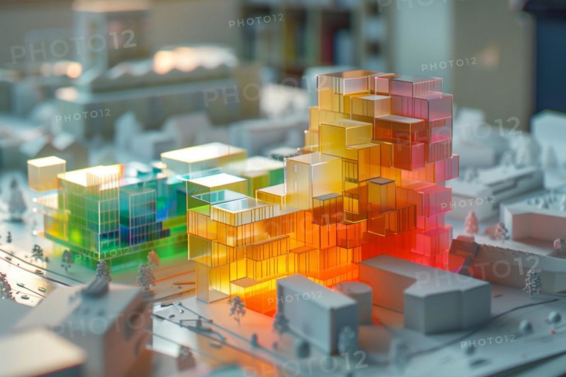 Architectural model made of plastic, illuminated, model making for architecture, design, architectural design of a modern residential neighbourhood, housing estate on a body of water, new construction, modern residential buildings, AI generated, AI generated, AI generated