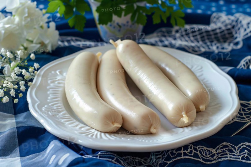 Plate with white 'Weisswurst' sausages, a traditional boiled Bavarian sausage, KI generiert, generiert, AI generated