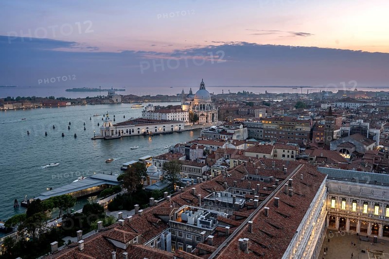 Evening atmosphere, Basilica di Santa Maria della Salute and St Mark's Square, view from the Campanile di San Marco bell tower, city view of Venice, Veneto, Italy, Europe