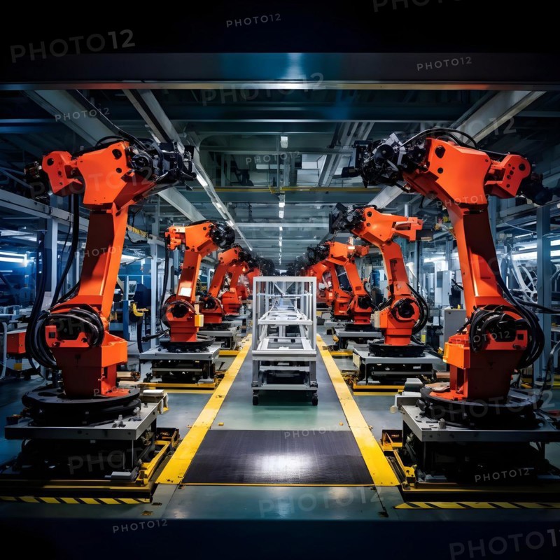 AI generated automotive assembly line in car manufacturing progression with automated machines