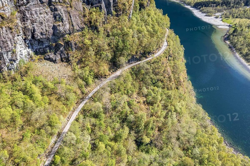 Aerial view of lake Lovatnet (or: Loenvatnet), gravel mountain road to Kjenndalstova, valley Lodalen south of village Loen, Norway, Europe