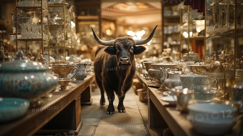 Very large bull with horns in a China shop filled with glassware. generative AI, AI generated