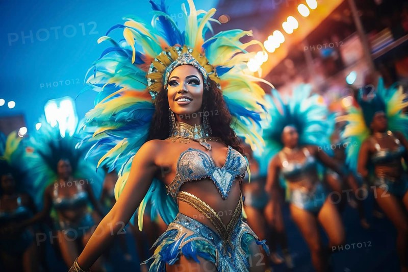 Captivating image capturing the essence of the Rio Carnival, showcasing a dancer adorned in an elaborate, vibrant costume, embodying the spirit and energy of this iconic festival, AI generated