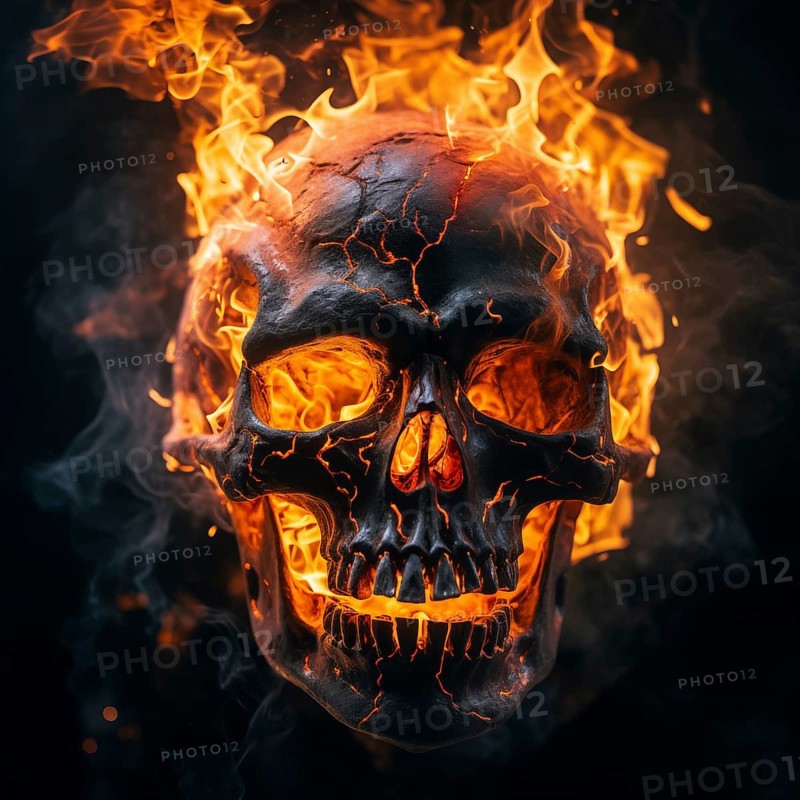 Spooky and scary burning skull on a dark background. Perfect for Halloween or horror-themed projects, AI generated
