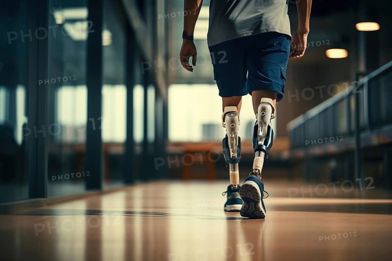Amputee sportsman walking in corridor with bionic prosthetic legs prosthesis with robotic technology. Advancements in medical science and engineering, determination, strength, progress of the disabled, AI generated