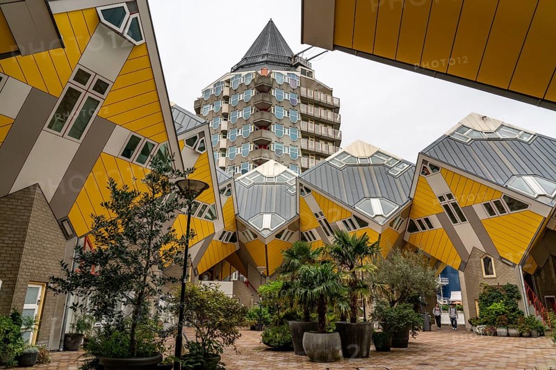 City centre, Blaak Square, Cube residential building, and Kijk Cube houses in cube form, by Dutch architect Piet Blom, Rotterdam, Netherlands