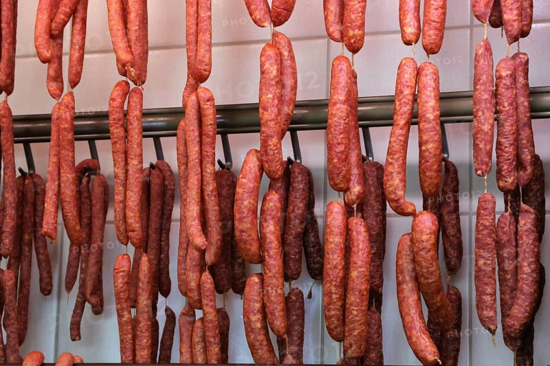 Air-dried sausage in a butcher's shop