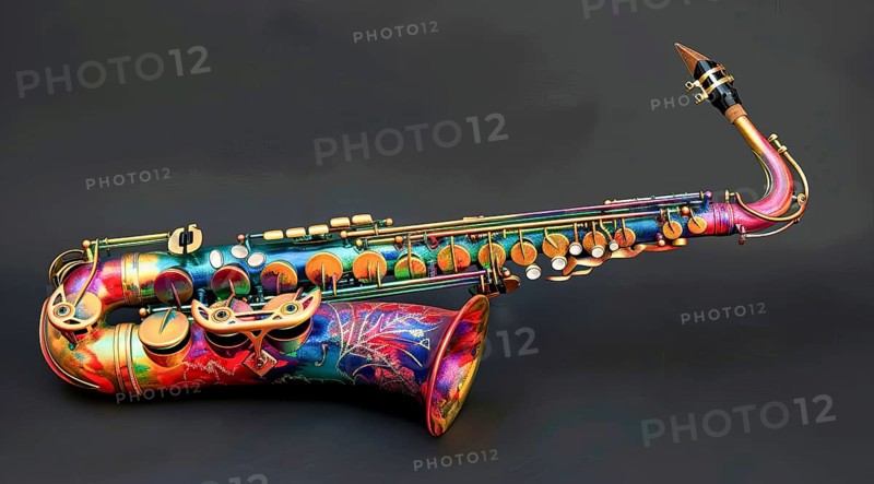 A colorful saxophone is displayed on a wall, AI generated