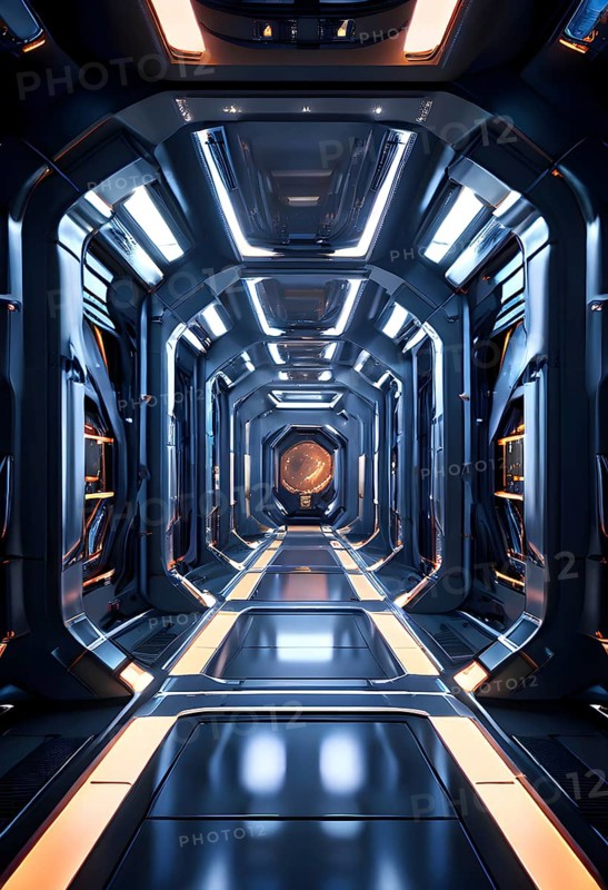 Three dimensional render of futuristic corridor inside a spaceship or space station, AI generated