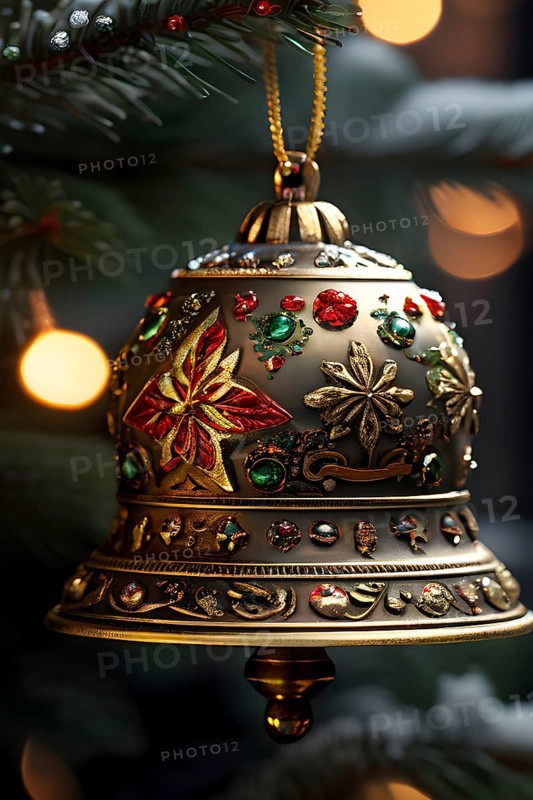 Vintage Christmas bell ornament hanging on a snow-dusted evergreen branch, capturing the intricate metallic details and soft reflections of nearby lights, AI generated