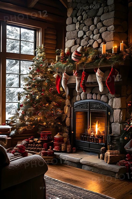 Traditional stone fireplace decorated for Christmas, with garlands, stockings, and candles, set in a cozy, snow-draped winter cabin, AI generated