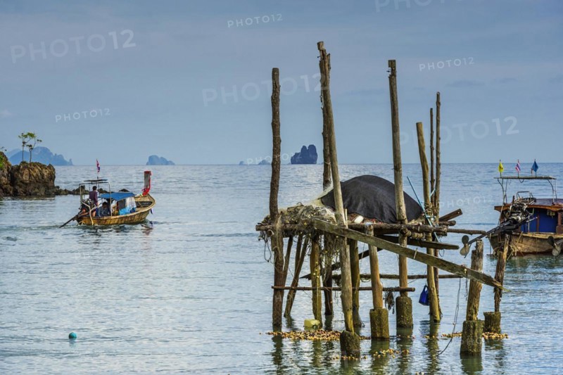 Remains of a jetty at Phang Nga bay near Koh Yao Noi, seascape, seascape, nature, longtail boat, fisherman, fishing boat, locals, work, lifestyle, sky, panorama, limestone, sandstone, holiday, travel, tourism, sun, sunny, climate, water, sea, ocean, poverty, asian, dilapidated, ruin, coast, coastal landscape, paradise, holiday paradise, paradisiacal, boat, island, symbolic, asian, travel photo, exotic, atmosphere, Phangnga, Phuket, Thailand, Asia