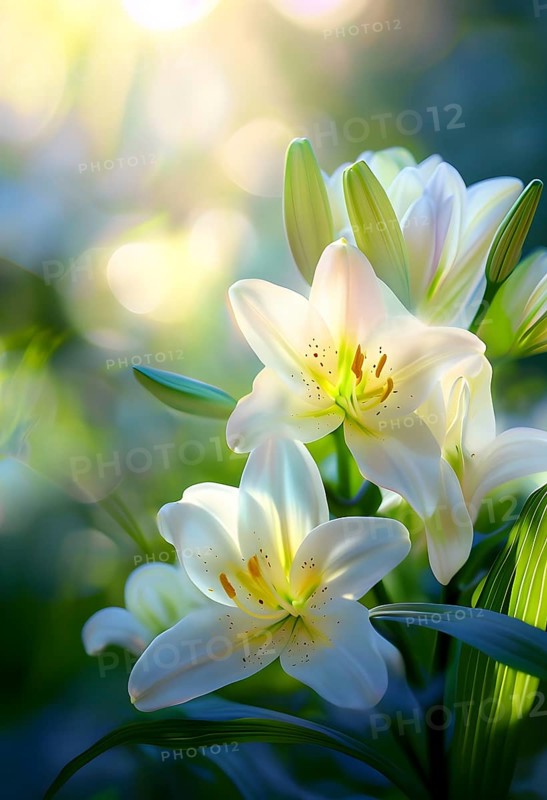 Blooming Easter lilies with soft white petals and a yellow center, bathed in gentle sunlight, AI generated