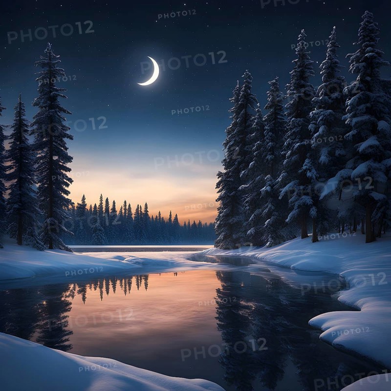 Tranquil winter night scene with a crescent moon and stars shining brightly over a frozen lake, with a line of snow-covered pine trees reflected in the lake, AI generated