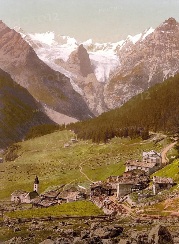 Trafoi, at the foot of the Ortler in the Trafoi Valley, a side valley of the Suldental in the Ortler Alps and the Trafoi Ice Wall, Cima di Trafoi, formerly Austria-Hungary, today South Tyrol, Italy, Historical, digitally restored reproduction from a 19th century original, Record date not stated, Europe