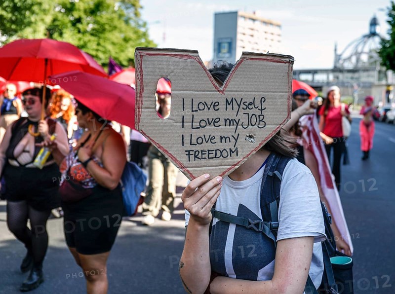 Sex workers demonstrate against the Prostitutes Protection Act on International Whores' Day. They demand an end to the obligation to register and better protection by the police against assaults, Berlin, 03.06.2023